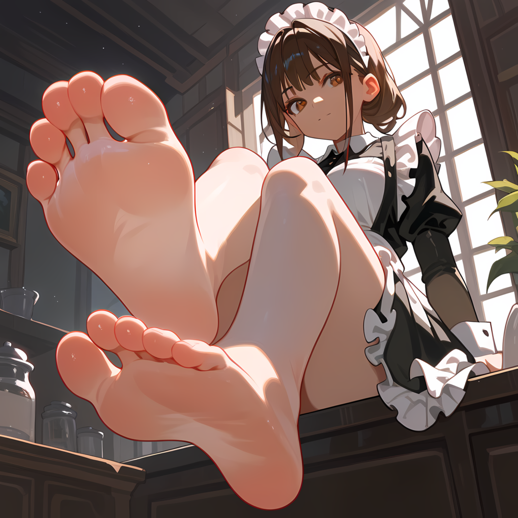 anime maid girl sitting is a foot focused pov pose