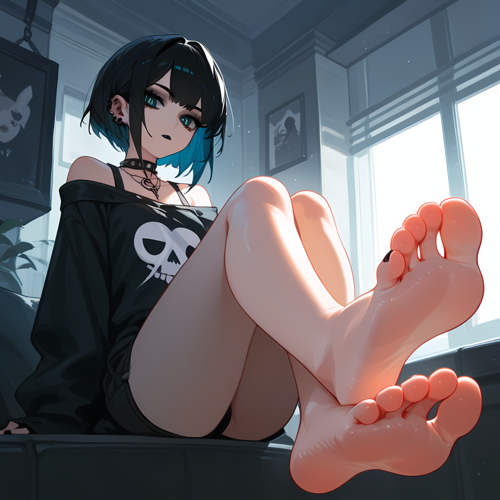 anime goth girl sitting is a foot focused pov pose skull shirt