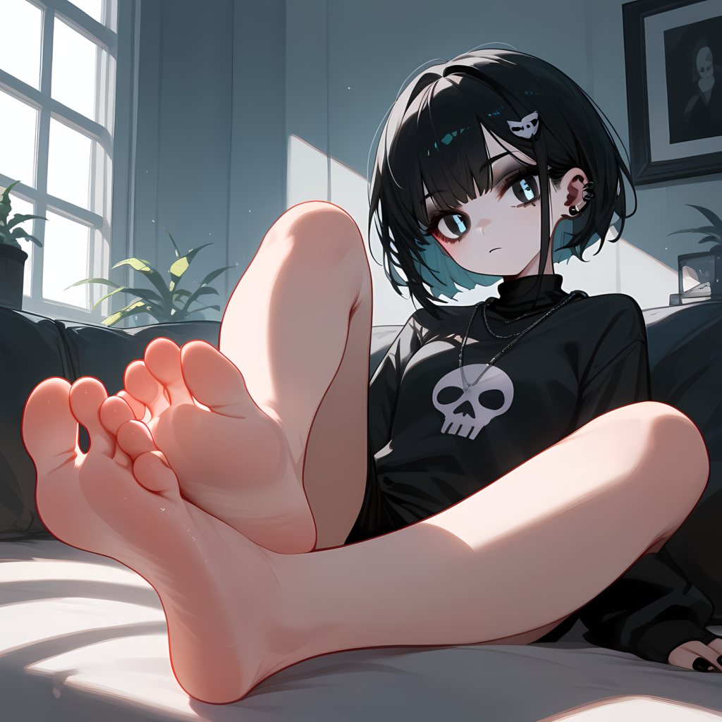 anime goth girl sitting is a foot focused pov pose skull shirt