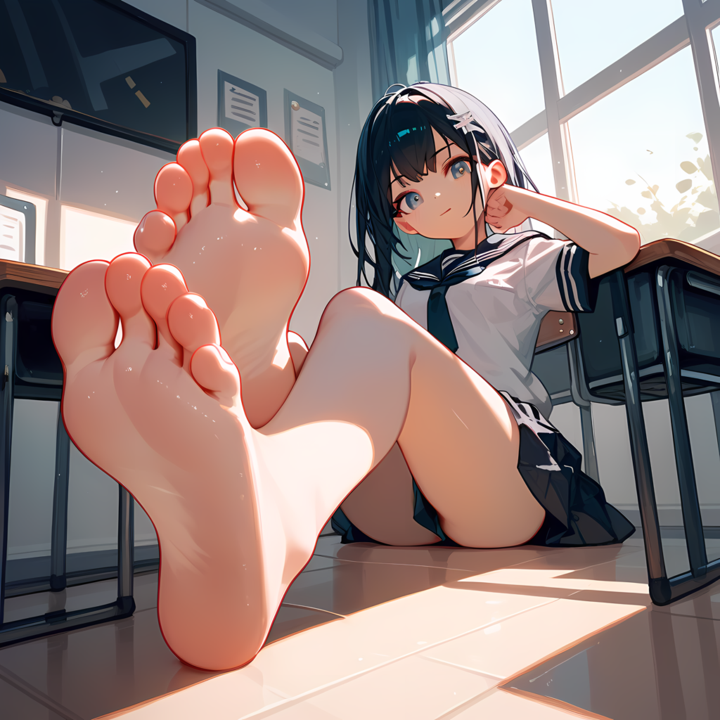 anime serafuku school girl sitting is a foot focused pov pose