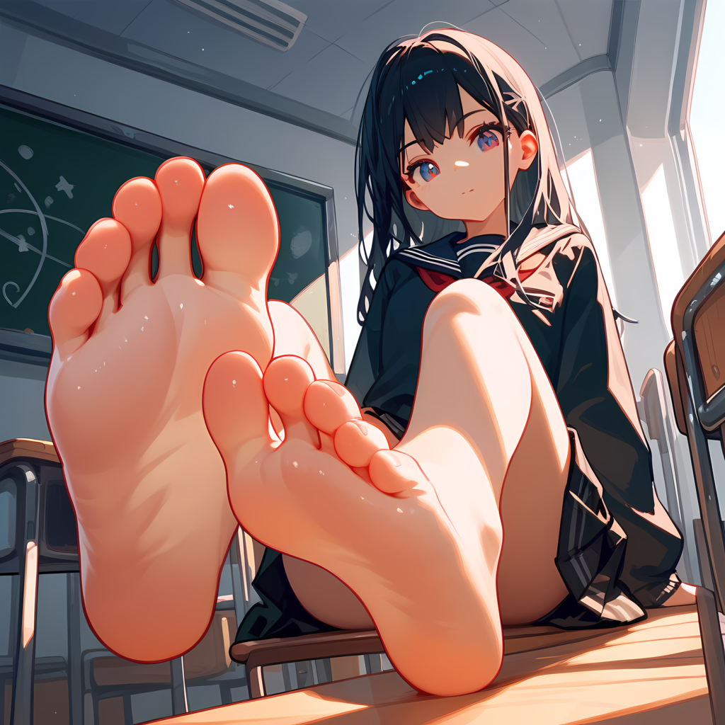 anime serafuku school girl sitting is a foot focused pov pose